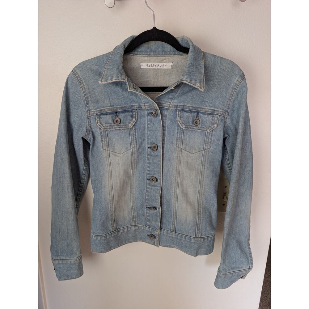 Distressed Denim Y2K Jacket. Queens White Label Sz Sm./Med. Trucker, Grunge.